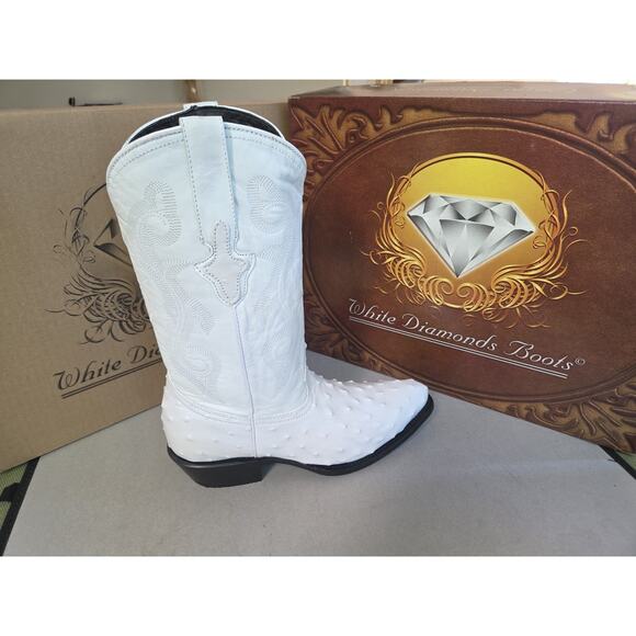 Men’s Genuine Leather Exotic Ostrich Print J-Toe Cowboy Western Boots - White main image 10